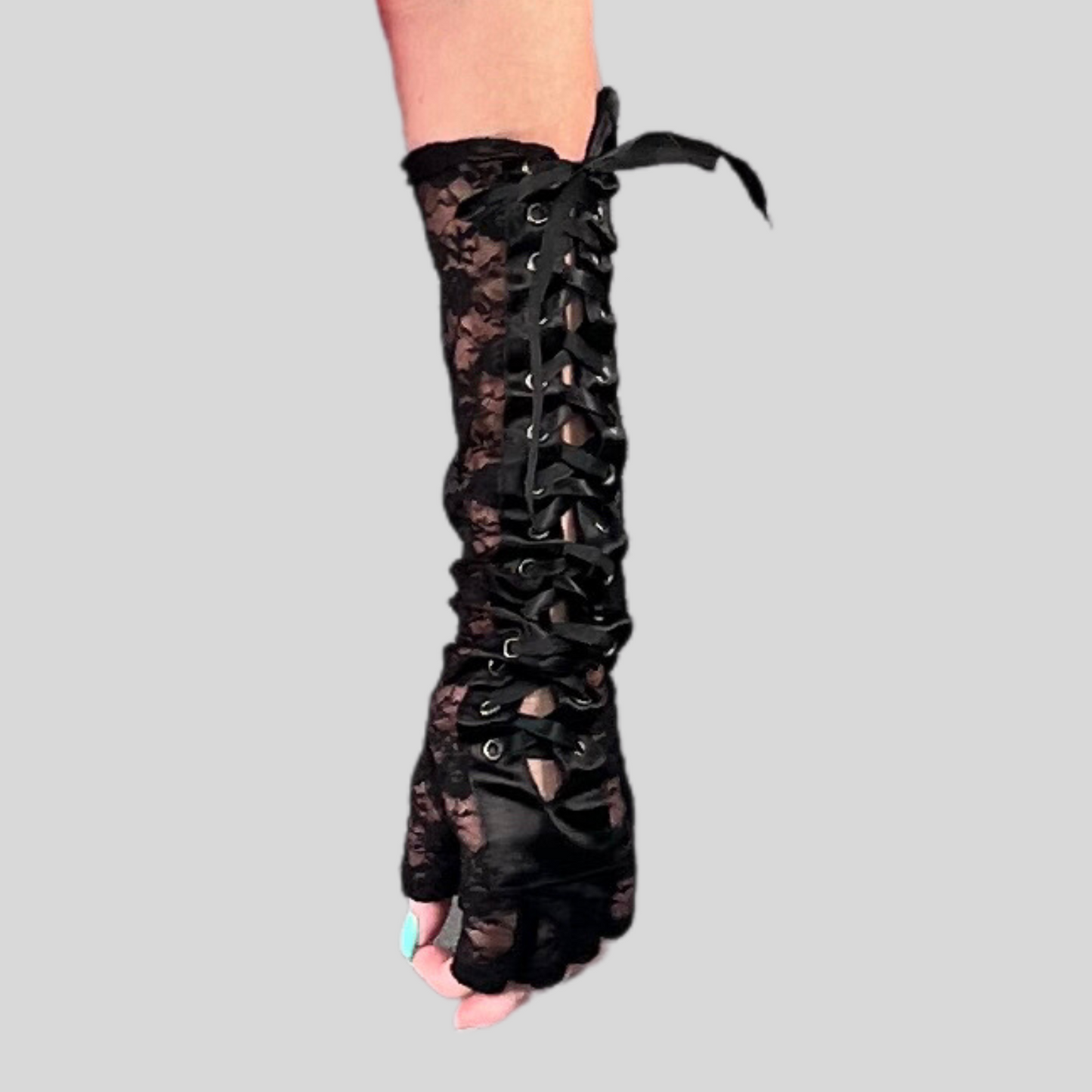 WE WILL ROCK YOU LONG LACE UP FINGERLESS GLOVES