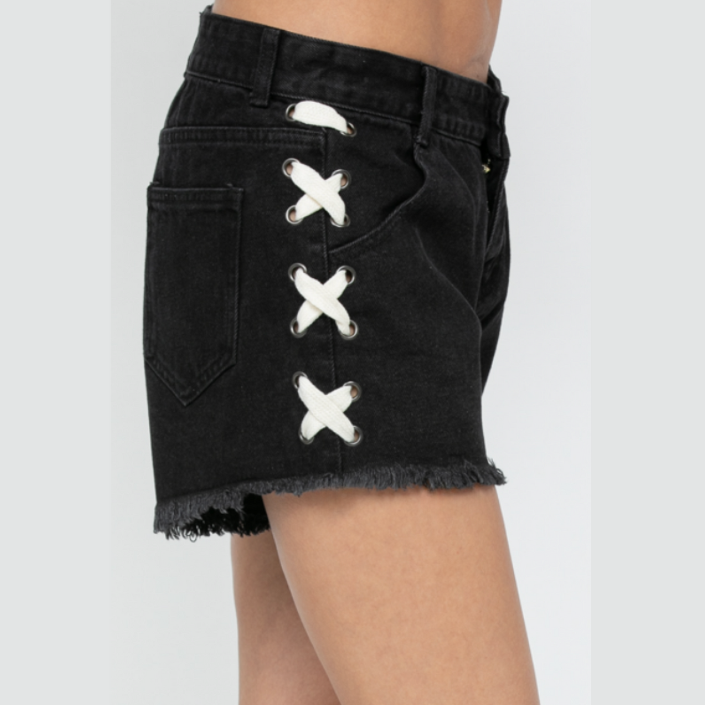 DARK SUMMER SIDE LACE-UP DENIM SHORTS