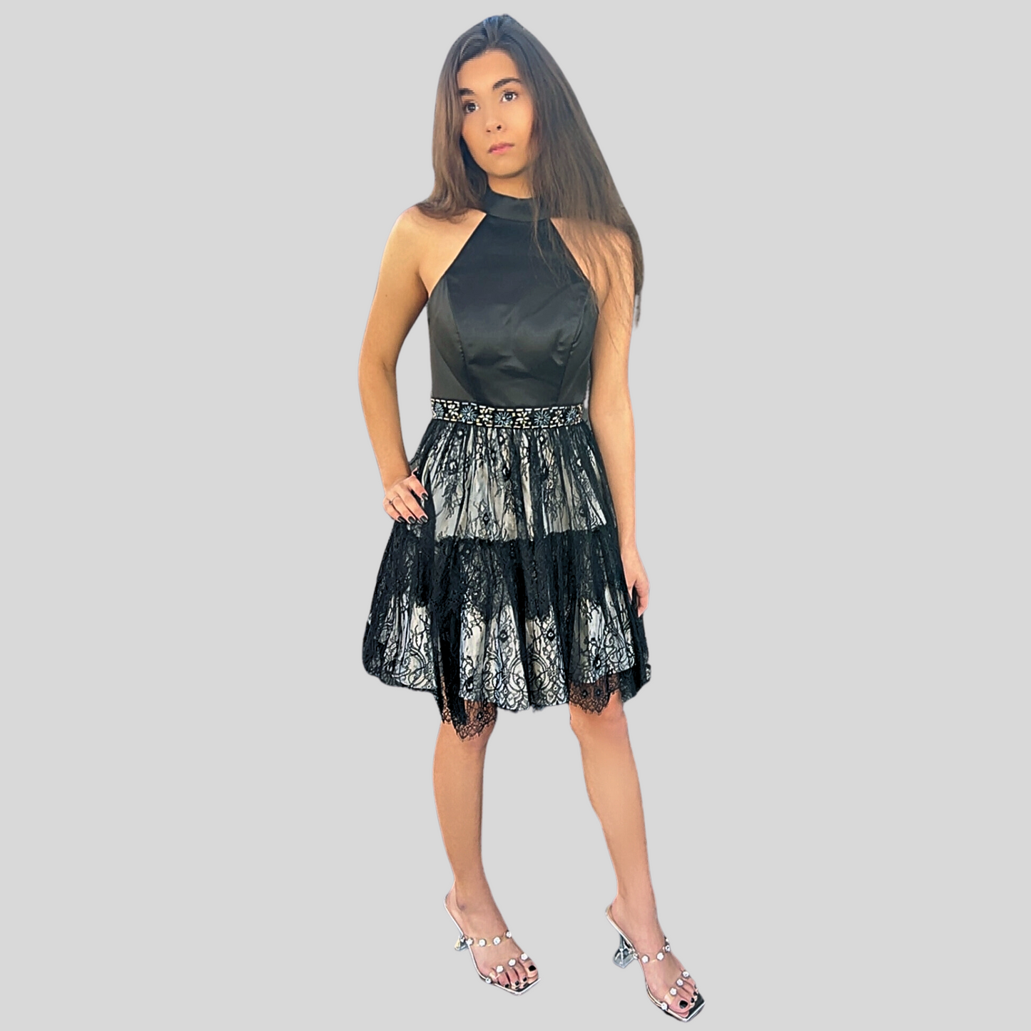 NOX ANABEL TIERED LACE SKIRT HALTER DRESS