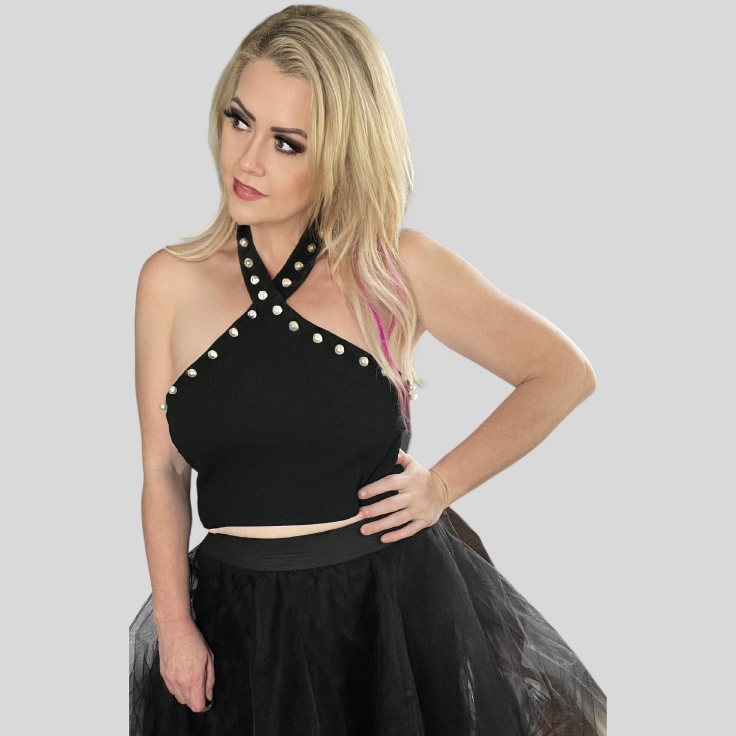 BLACK CROP TOP WITH PEARL TRIM