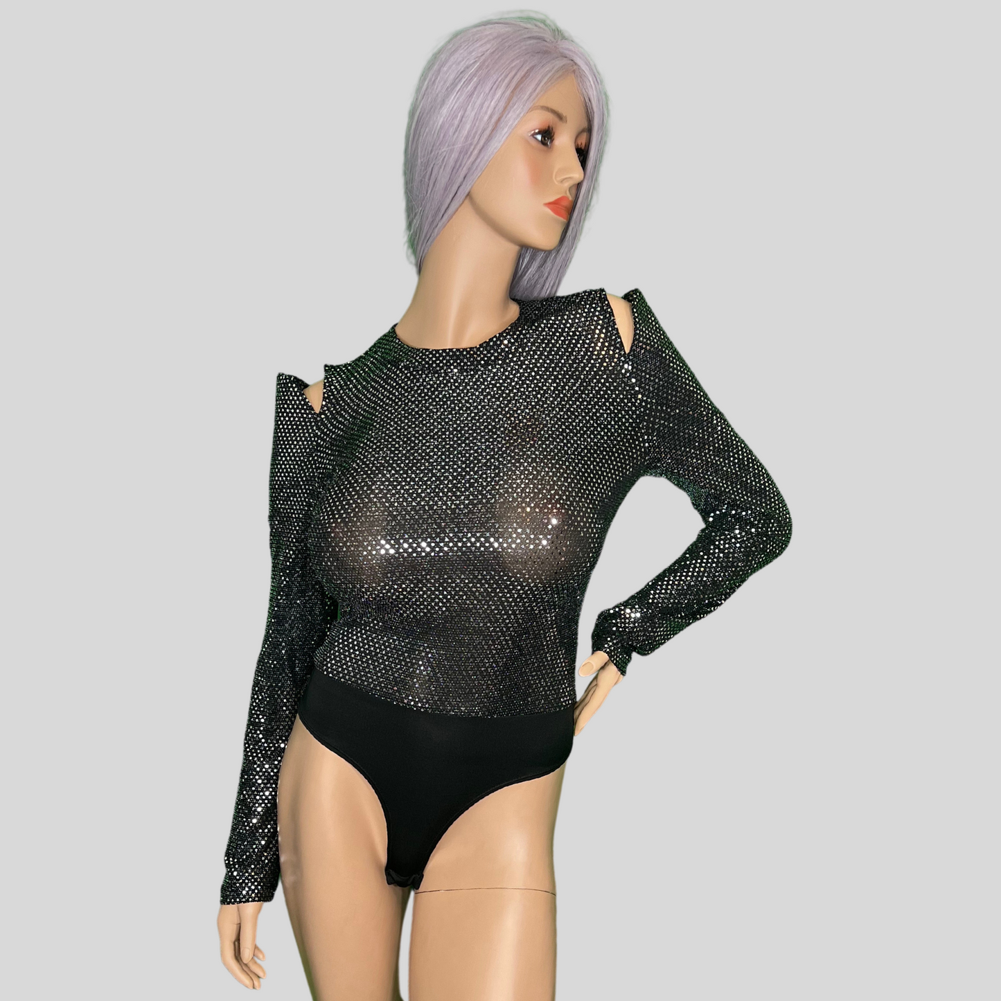 CUT-OUT SHOULDER SHINY SILVER BODYSUIT