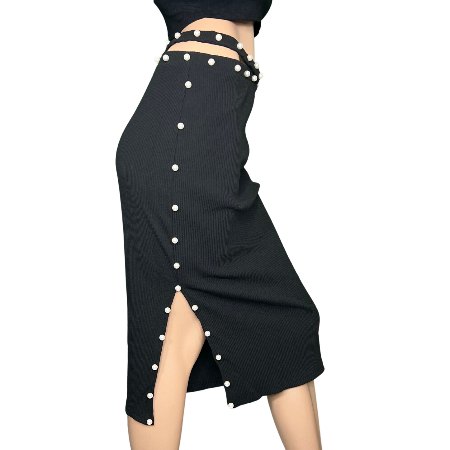 CRISSCROSS WAIST MIDI KNIT SKIRT WITH PEARL TRIM