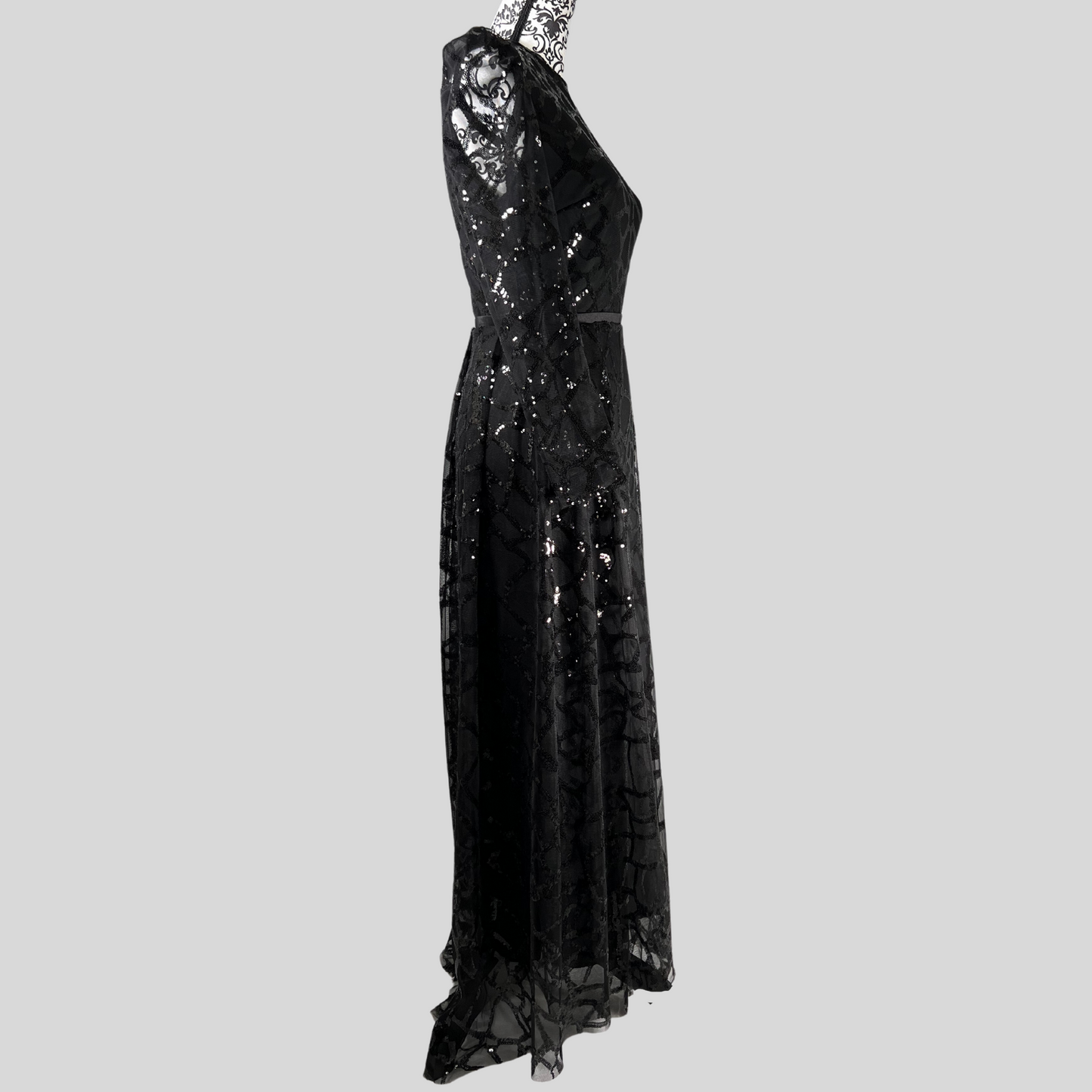 GLAM GOTH BLACK SEQUIN DRESS WITH TRAIN