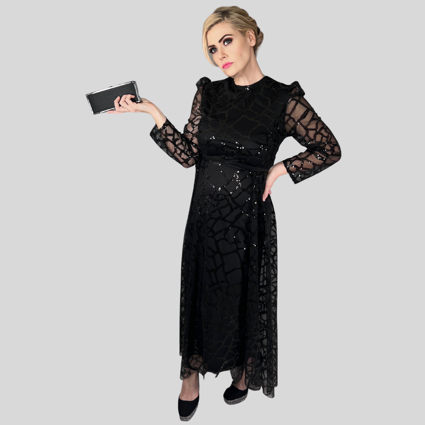 GLAM GOTH BLACK SEQUIN DRESS WITH TRAIN