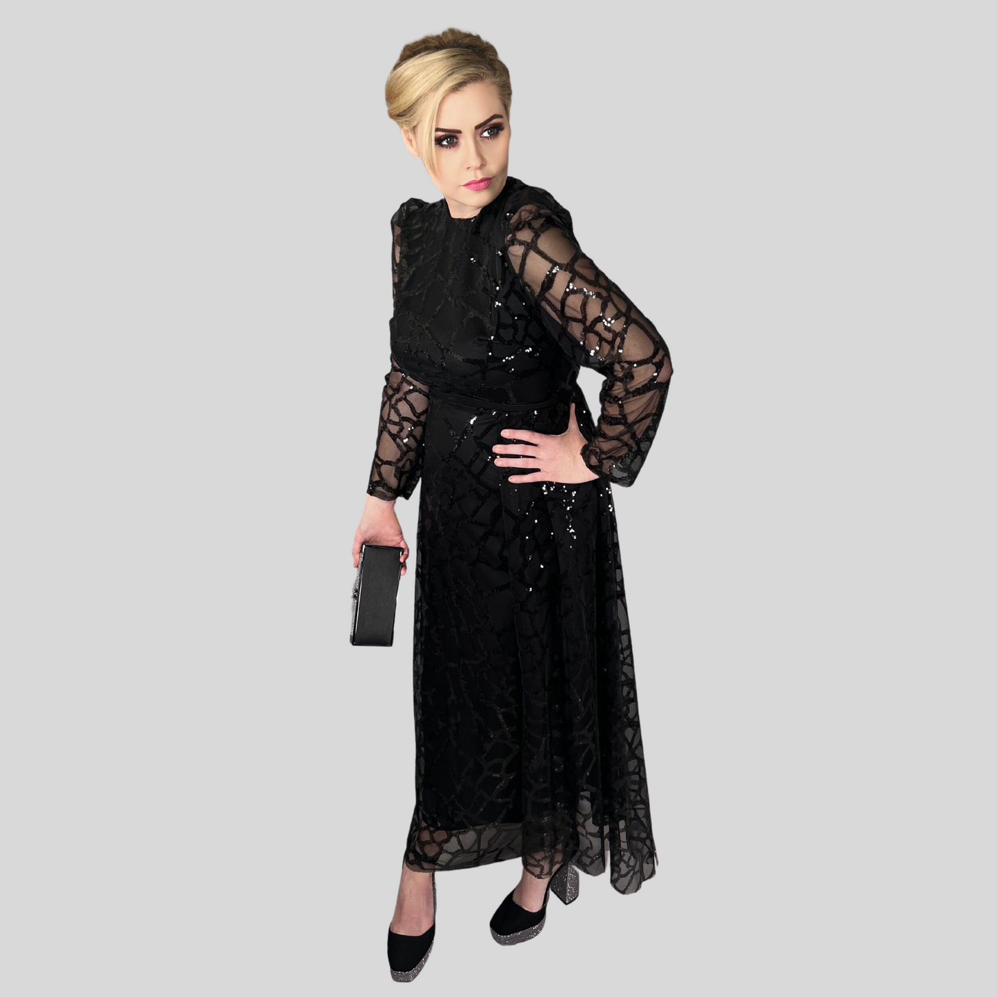 GLAM GOTH BLACK SEQUIN DRESS WITH TRAIN