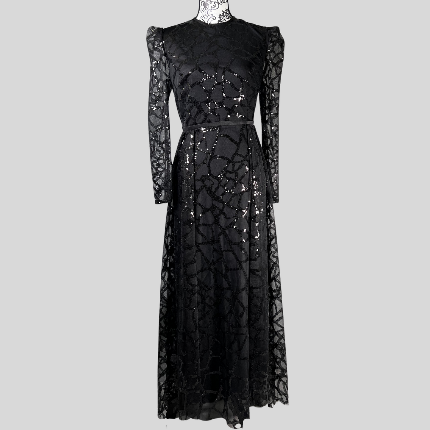 GLAM GOTH BLACK SEQUIN DRESS WITH TRAIN